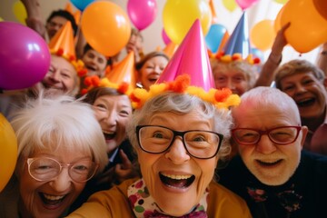 Cheerful and happy seniors taking selfie at a party.