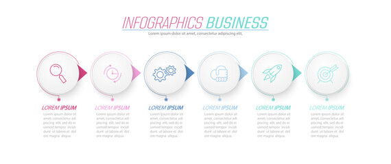 Business infographics. 6 stages of achieving the goal. Stages of the workflow, development, marketing, plan or training. Business strategy with icon icons. Report or statistics schema - obrazy, fototapety, plakaty