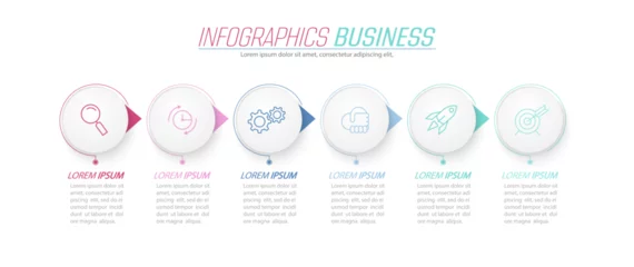 Foto op Canvas Business infographics. 6 stages of achieving the goal. Stages of the workflow, development, marketing, plan or training. Business strategy with icon icons. Report or statistics schema © Pavel