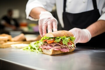 Obraz na płótnie Canvas sandwich artist placing the final ingredient on a sandwich