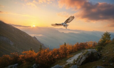 Small white eagle flying higher in the sky and one owl is seeing that from the mountain peak