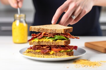 person spreading mustard on a sandwich with crispy bacon