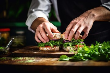 Obraz na płótnie Canvas a chefs hands skillfully laying fresh herbs on a sandwich