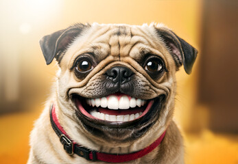 Cute smiling pug dog with human teeth