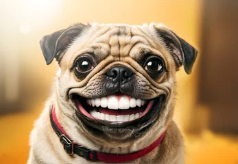 Rolgordijnen Cute smiling pug dog with human teeth © funstarts33