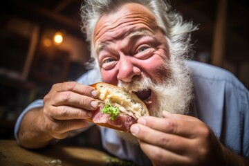 man biting into a scrumptious sandwich packed with sauerkraut - obrazy, fototapety, plakaty