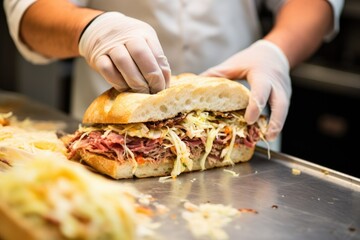 sandwich artist spreading sauerkraut generously on a sub