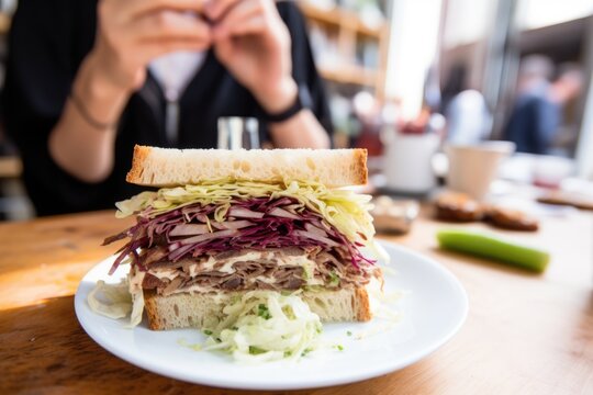 food blogger taking a picture of their sauerkraut sandwich