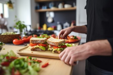 man serving spicy mayo sandwich during a housewarming party