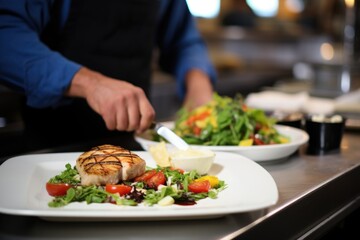 server placing a tuna steak meal on a restaurant table
