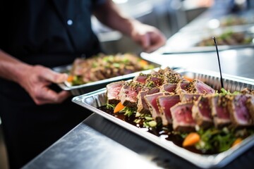 caterer organizing seared tuna steak dishes for an event