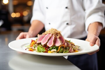 person accompanying seared tuna steak with a grain salad