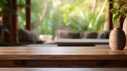 An empty wooden table foregrounds a blurred Balinese-style interior, inviting a serene and tropical atmosphere perfect for a calm setting. - obrazy, fototapety, plakaty