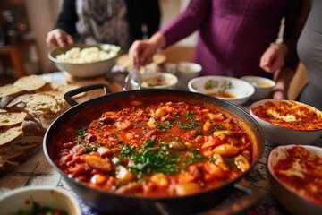 family around the kitchen table with a simmering shakshuka