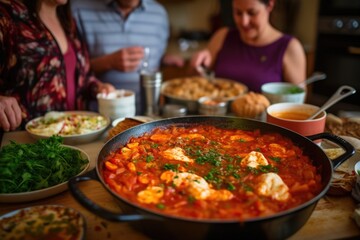 family around the kitchen table with a simmering shakshuka