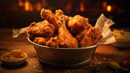 Bucket full of crispy Kentucky fried chicken wings and legs emphasizing golden, crispy texture, warm lighting for mouthwatering effect, AI Generated - obrazy, fototapety, plakaty