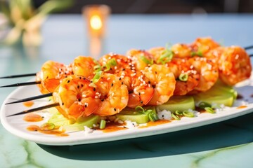 shrimp skewer placed on a beautiful plate