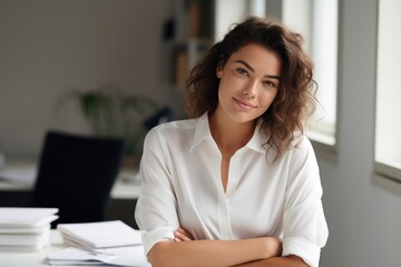 Woman in white shirt leaning on desk. Female accountant working with stack of papers, searching information, analyst business report. Businesswoman with paperwork in modern office. - obrazy, fototapety, plakaty