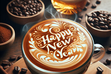 2024, NEW YEAR LATTE ART, cup of coffee on a table