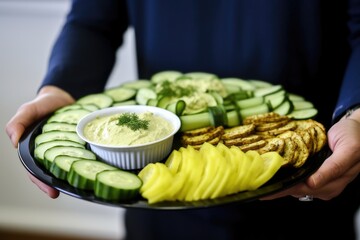 person presenting a tray of cucumber slices and hummus