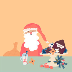 santa claus with a bag of gifts peach-beige background