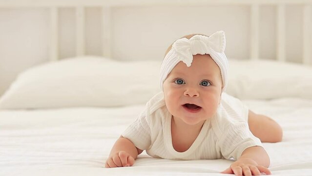 a cute baby with blue eyes of six months is lying on a bed in a white bodysuit in a bright bedroom, a beautiful newborn baby girl