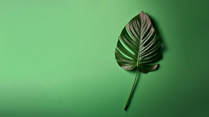 Palm leaf in green color on a solid green background. Studio. Isolated green background.