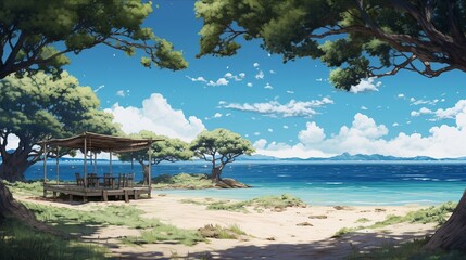 Naklejka premium A landscape of a sea with shelters for sitting underneath on the beach. Trees in the foreground and blue sky with the skyline in the background
