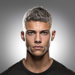 Fototapeta premium Dramatic concept Black and white close-up portrait of young handsome man looking forward. Studio shot on black background