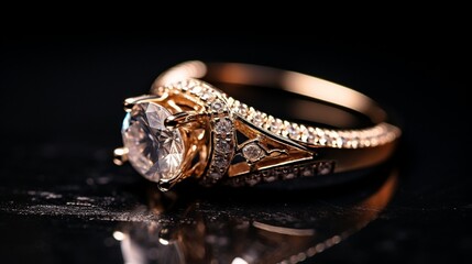 A macro shot of a golden diamond ring in a dark background. Side view