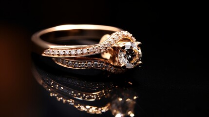A macro shot of a golden diamond ring in a dark background. Side view