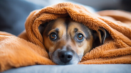 Naklejka na ściany i meble Funny puppy dog lying on couch under plaid indoors. Pet dog at home keeping warm under blanket in cold fall autumn winter weather.