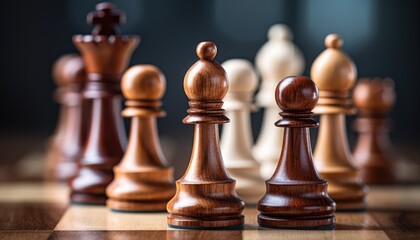 A Group of Chess Pieces on a Wooden Table