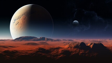 A mars planet surface and a big planet background - Powered by Adobe