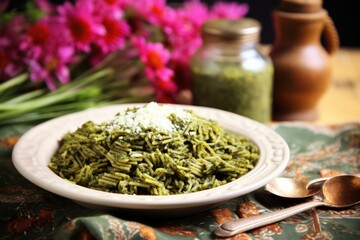 homemade spelt pasta with pesto on a decorated table