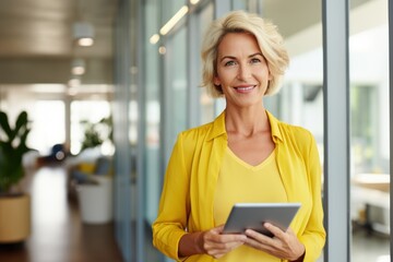 Fototapeta premium Woman in yellow shirt, professional manager holding digital tablet computer using software applications, searching information, analyst business report. Businesswoman in modern office.