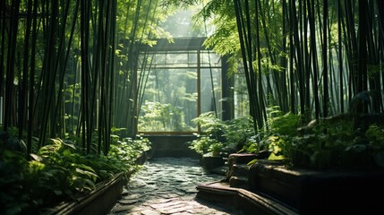 A dense bamboo forest with sunlight filtering through the tall stalks, creating a surreal and...