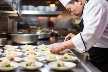skilled chef cooking dumpling in crowded kitchen