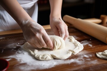 dumpling dough being rolled by a teenager