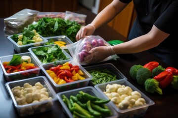 Obraz premium person packaging steamed vegetables in meal prep boxes