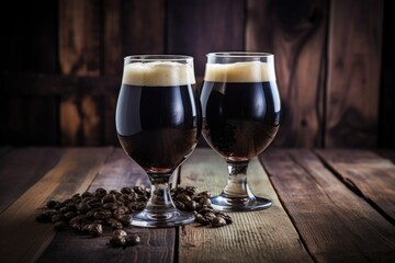 pair of stout beer glasses on rustic wooden table - obrazy, fototapety, plakaty