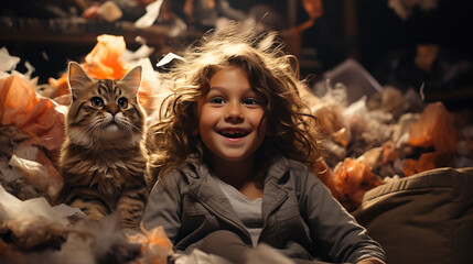 Little child and cat at messy room. - obrazy, fototapety, plakaty