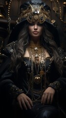 A captivating pirate queen, with eyes as deep as onyx, draped in midnight black and silver, ruling imperiously from a golden throne amidst a captivating bounty of treasures.