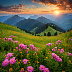 landscape with flowers and mountains - 690143877