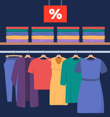 Big sale in clothing store. Clothes shop interior, various clothes on hangers and percentage sign on the red signboard. Vector illustration.