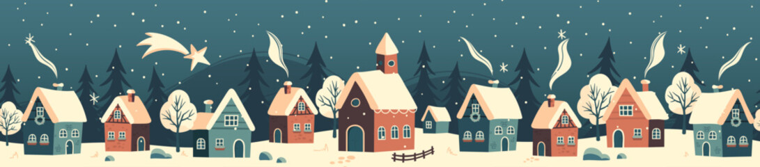 Fototapeta na wymiar Cute hand drawn seamless Winter landscape with happy people playing, shopping, walking, Vector horizontal banner winter wonderland