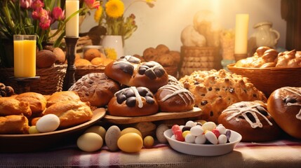 An array of Easter bread and pastries, including hot cross buns and braided loaves, set against a...