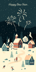Cute hand drawn seamless Winter landscape with firework, happy people playing, walking, Vector horizontal banner winter wonderland