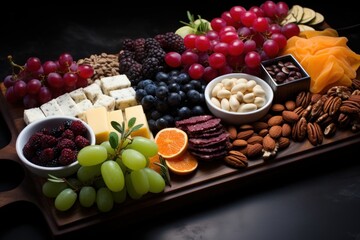 Charcuterie board featuring chocolates candies and fresh fruits, christmas picture