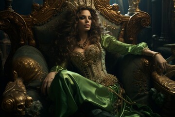 A captivating pirate queen, with eyes of jade, dressed in luxurious green and gold, lounging on a...